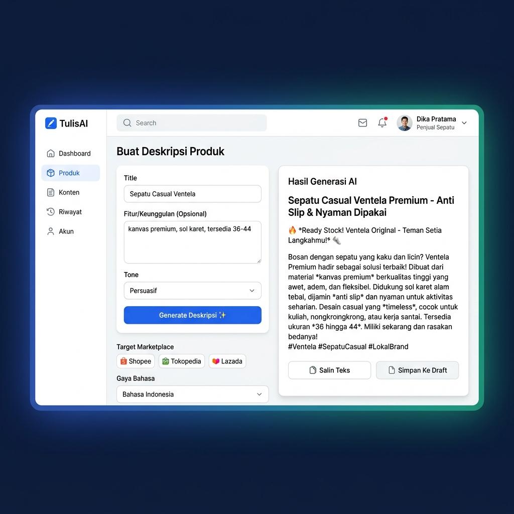 Tampilan dashboard DeskripsiProduk